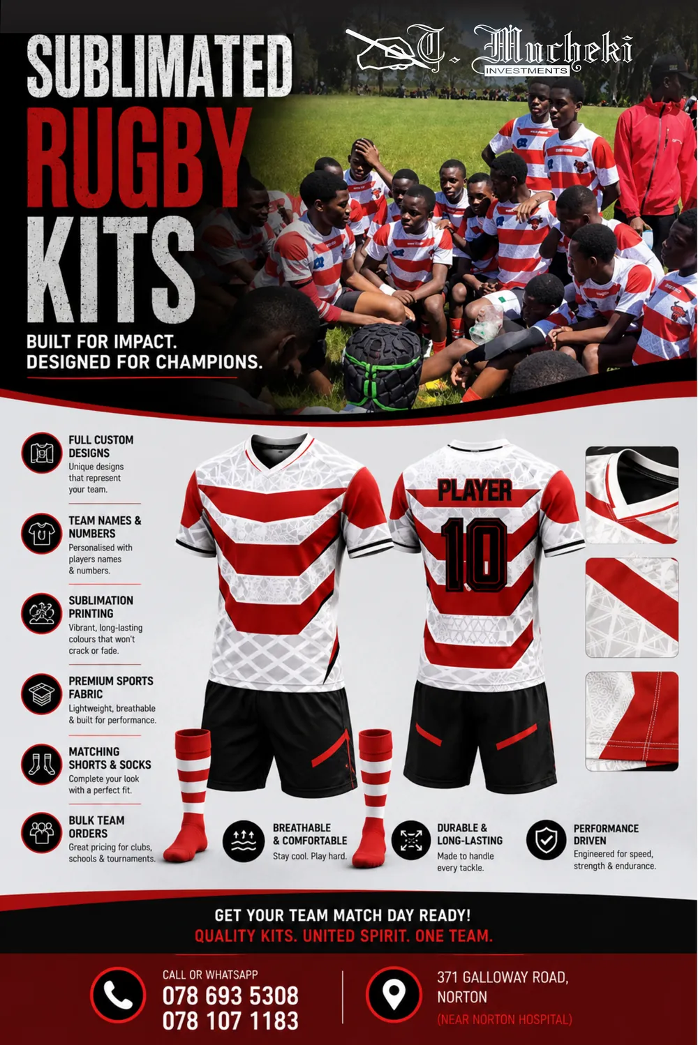 Flyer for sublimated rugby kits: a team in red and white striped kits, kit designs and contact details