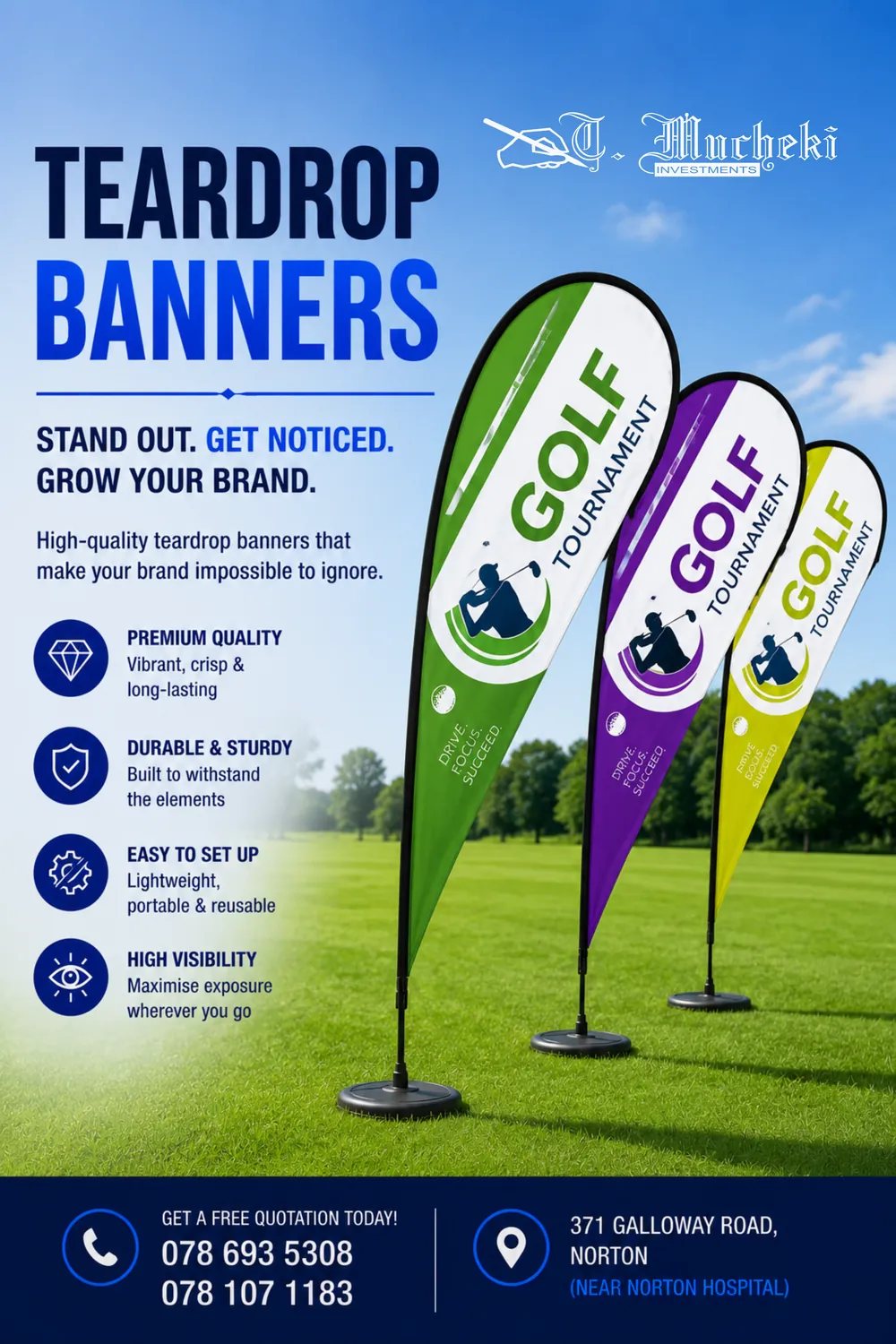Flyer for teardrop banners showing three printed teardrop flags on a golf course, with contact details